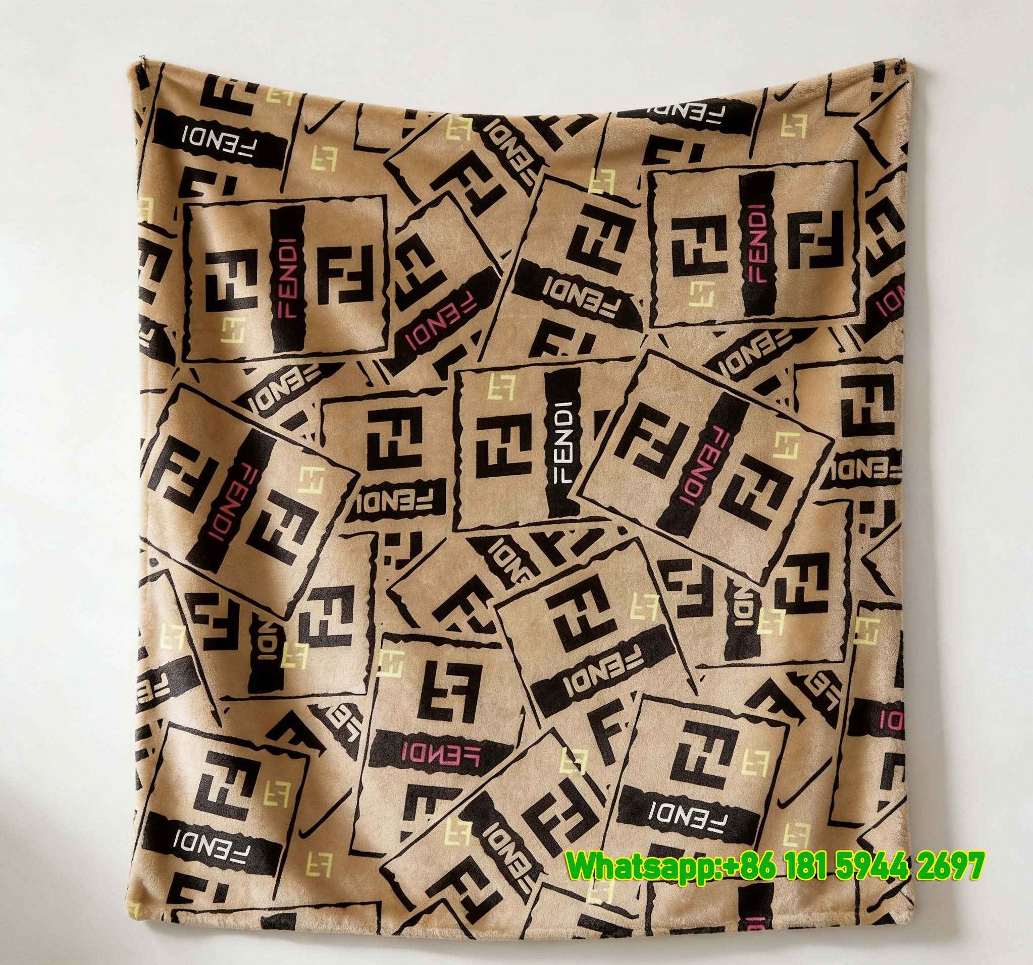 Fendi Tan Brown Black Red FF Monogram Flannel Throw Blanket IMG_9511